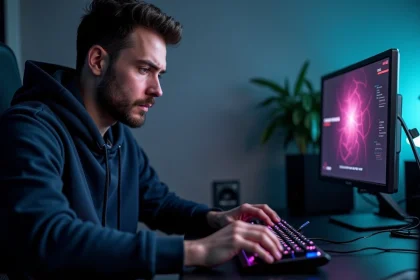 Homme appuyant sur la touche Suppr d'un clavier mécanique pour accéder au BIOS d'une carte mère AORUS