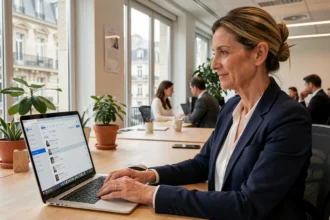 Femme fonctionnaire accédant à sa messagerie Ville de Paris sur un ordinateur portable dans un bureau moderne parisien