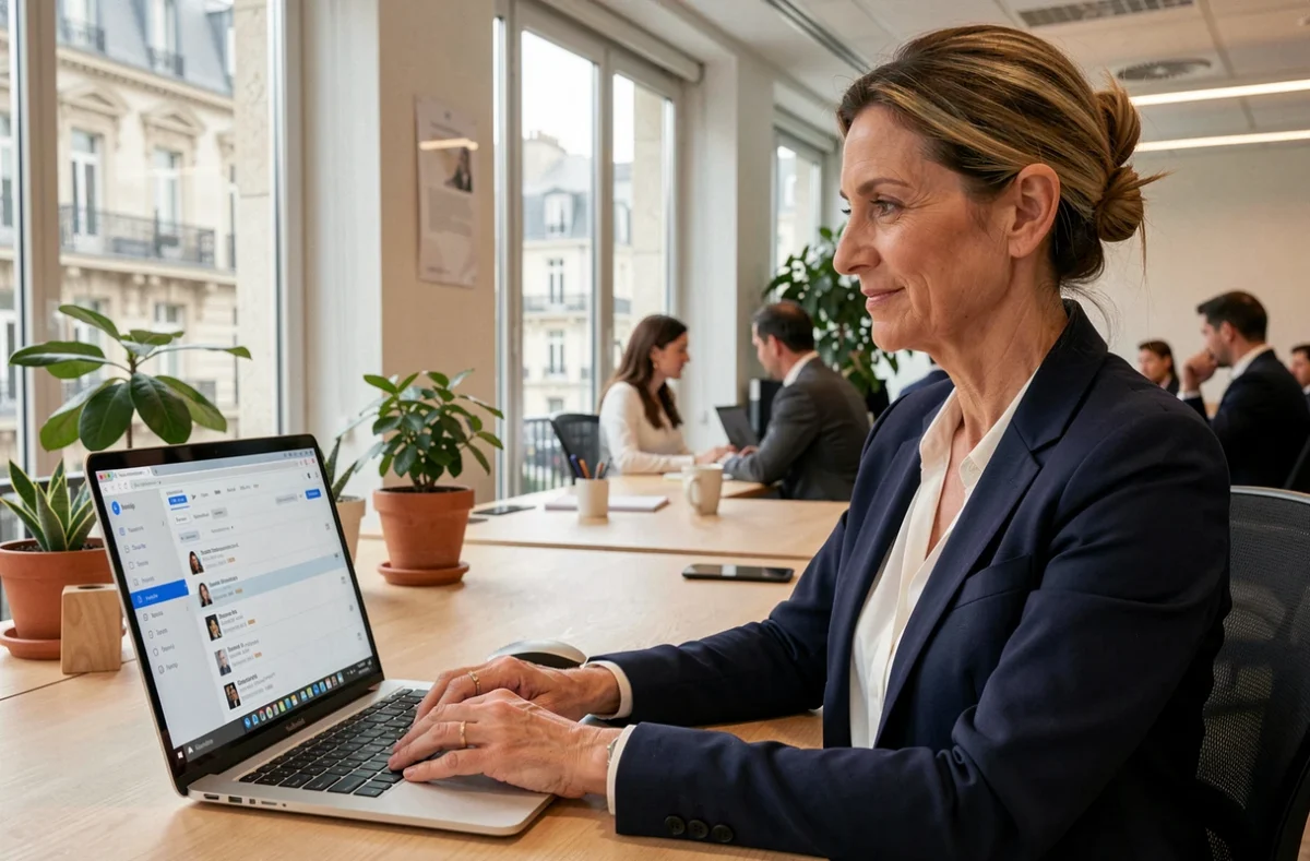 Femme fonctionnaire accédant à sa messagerie Ville de Paris sur un ordinateur portable dans un bureau moderne parisien
