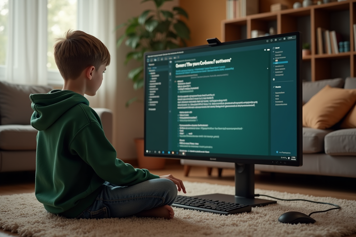 Adolescent jouant à un jeu vidéo dans un salon cosy