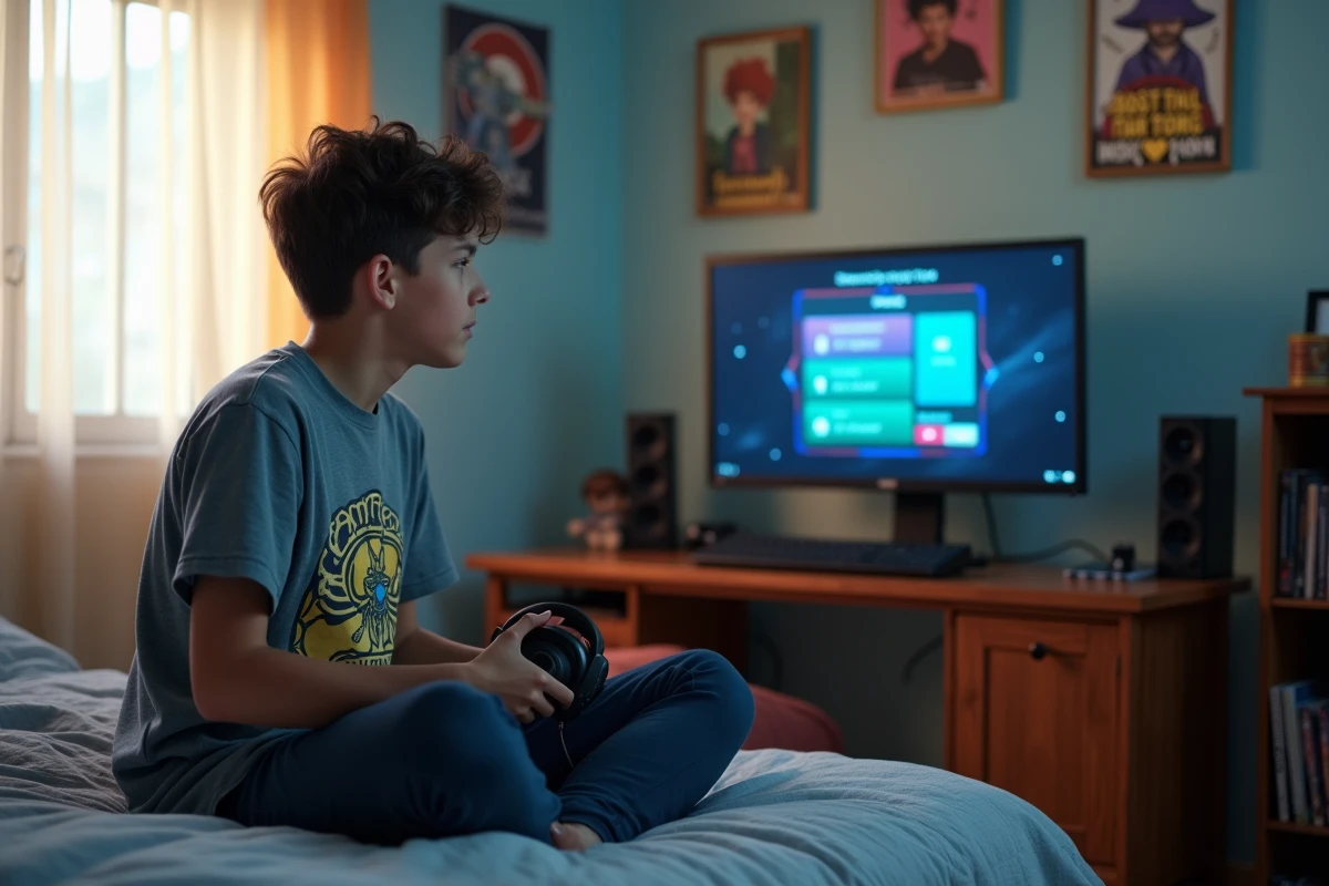 Adolescent dans sa chambre tenant un casque gaming face à un écran affichant une sélection de serveurs en ligne