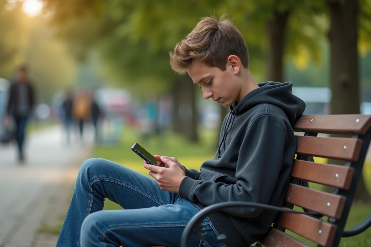 Adolescent sur un banc dans un parc regardant son smartphone