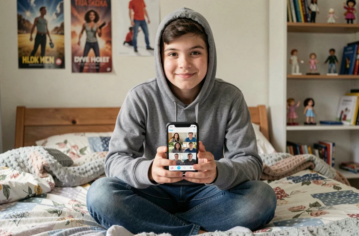 Adolescent utilisant Skype sur smartphone pour un appel vidéo de groupe dans sa chambre