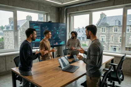 Équipe tech bretonne collaborant autour de visualisations d'intelligence artificielle dans un open-space moderne avec architecture en pierre visible en arrière-plan