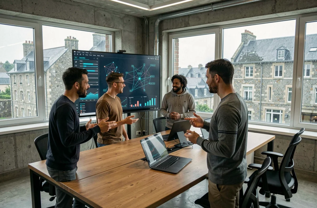 Équipe tech bretonne collaborant autour de visualisations d'intelligence artificielle dans un open-space moderne avec architecture en pierre visible en arrière-plan