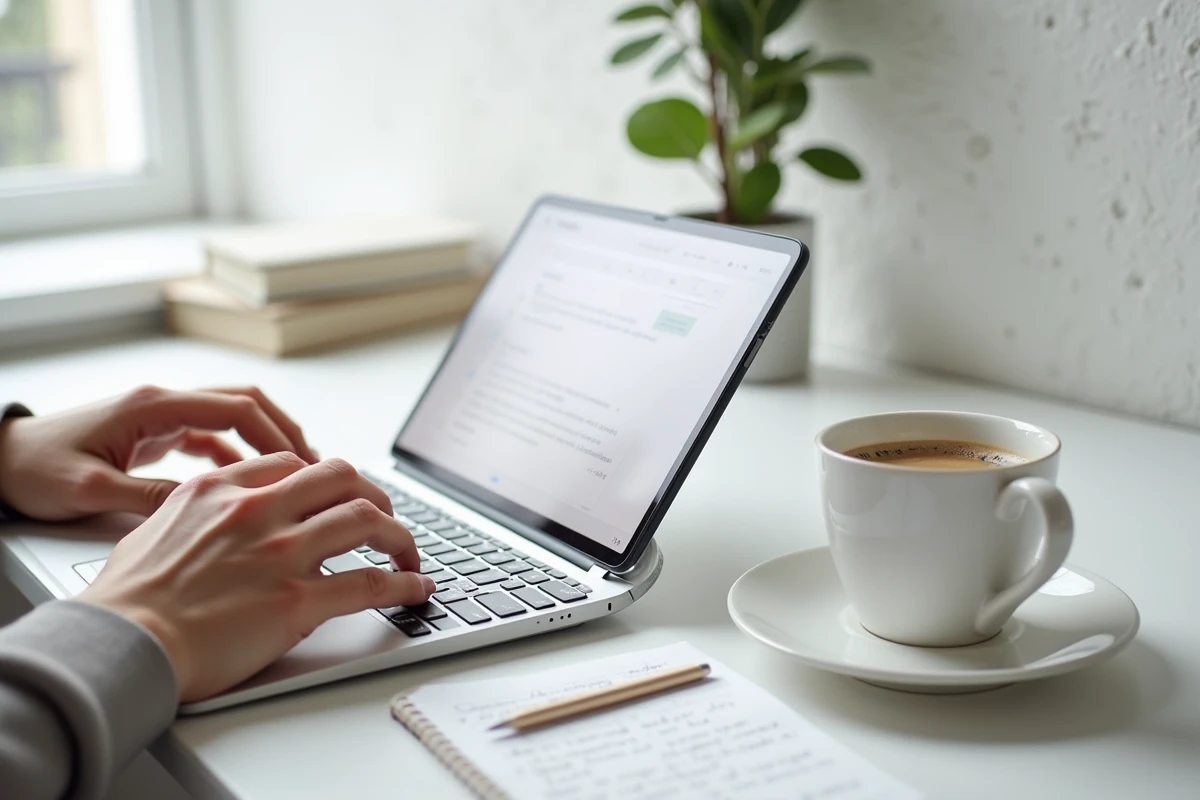 Mains tapant sur un clavier avec un smartphone affichant une alternative de messagerie email pendant une panne du webmail SOGo Lille