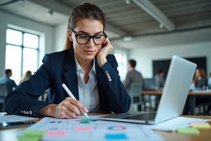 Femme professionnelle analysant des données tech et marketing sur tablette dans un bureau moderne