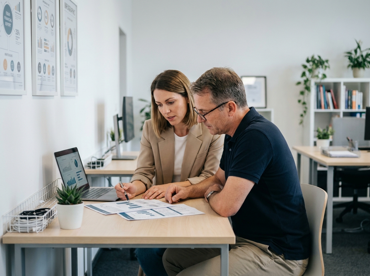 Deux professionnels analysant ensemble les recommandations d'un consultant IA dans un bureau de petite entreprise