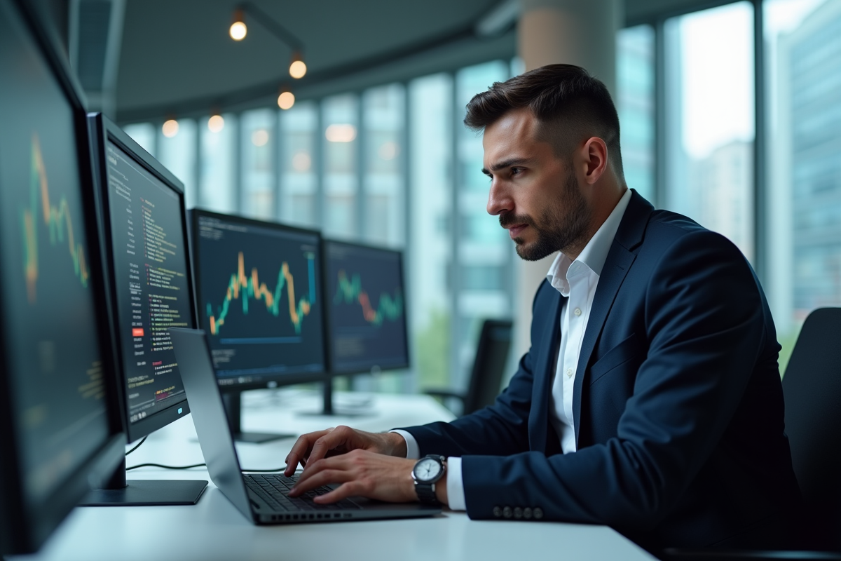 Analyste homme concentré sur son ordinateur en bureau moderne