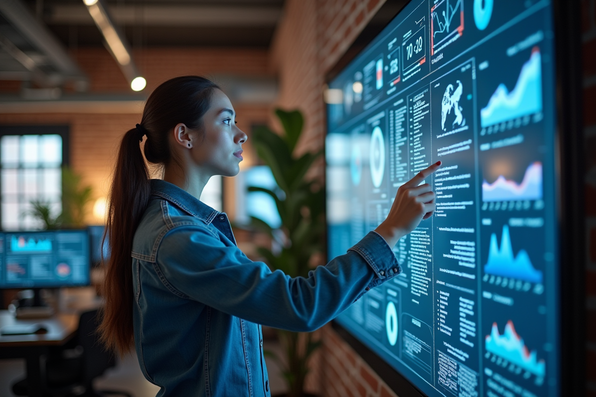 Jeune analyste pointant un écran interactif dans un bureau