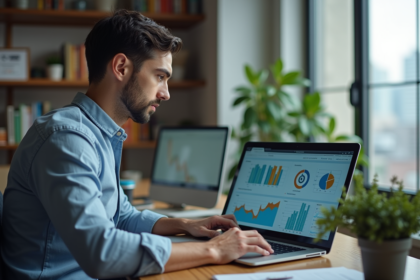 Homme concentré analysant des données SEO sur son ordinateur