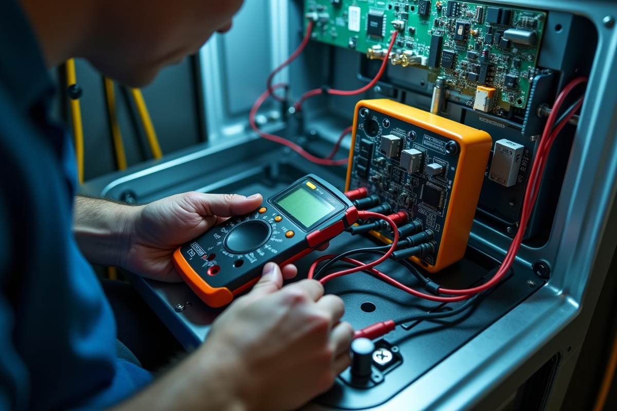 Appareil ouvert avec composants électroniques et test multimetre