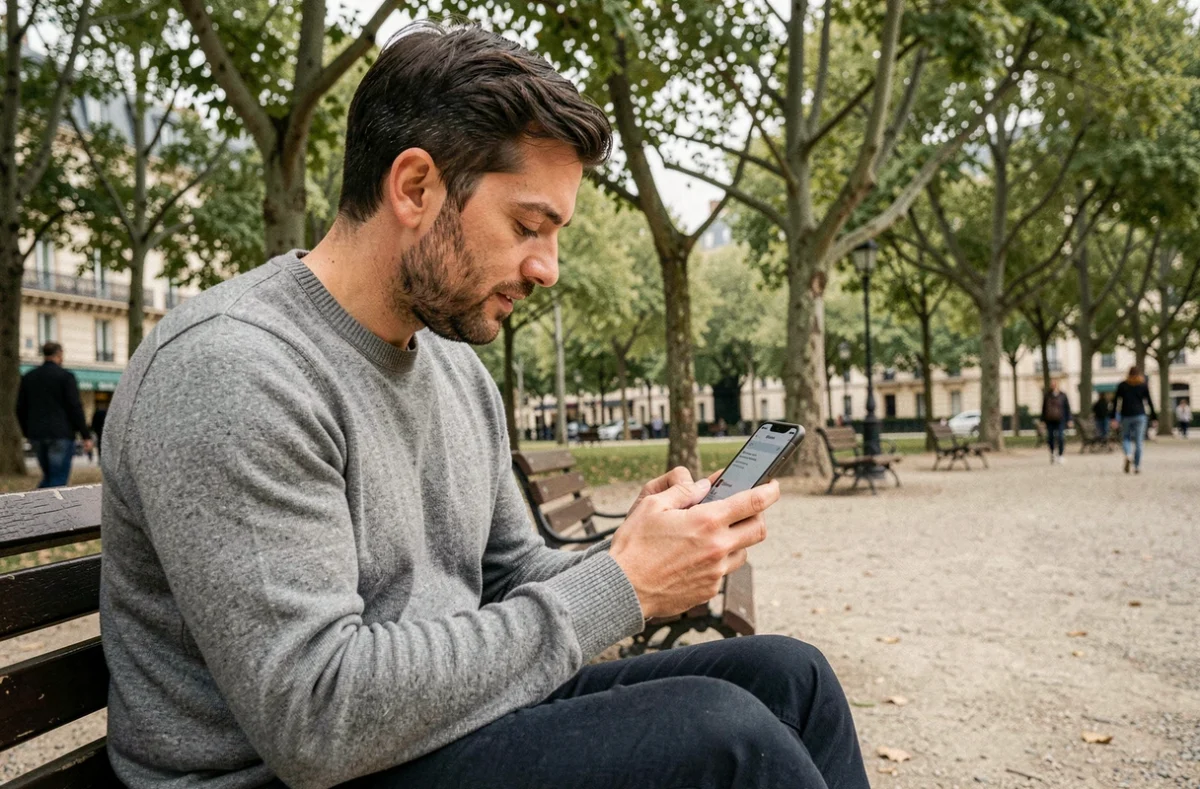 Agent municipal consultant ses mails via l'application nomades sur smartphone dans un square parisien