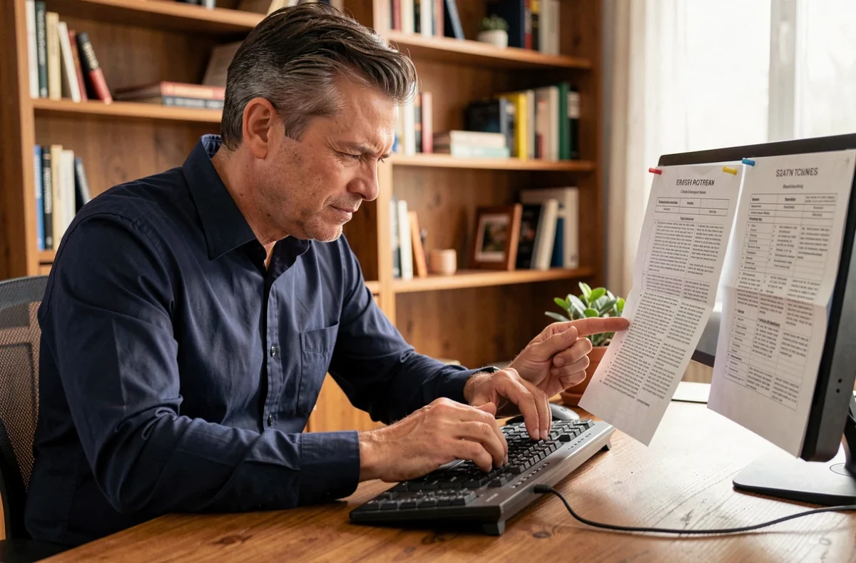Homme d'une quarantaine d'années étudiant un mémo imprimé pour apprendre les touches du clavier QWERTY dans un bureau à domicile