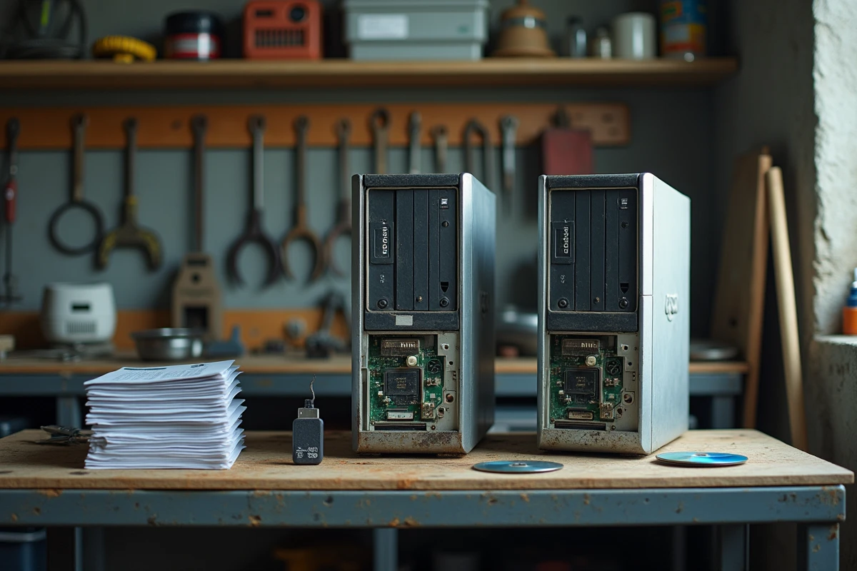 Deux anciens PC de bureau dans un atelier de réparation informatique avec composants internes visibles et guides d'installation