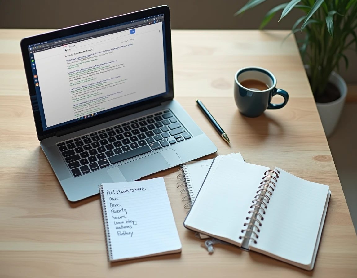 Vue de dessus d'un bureau avec un laptop affichant des résultats Google douteux et un carnet de notes pour audit SEO