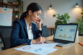Professionnelle en blazer marine analysant un rapport d'audit SEO WordPress sur un bureau moderne avec laptop ouvert