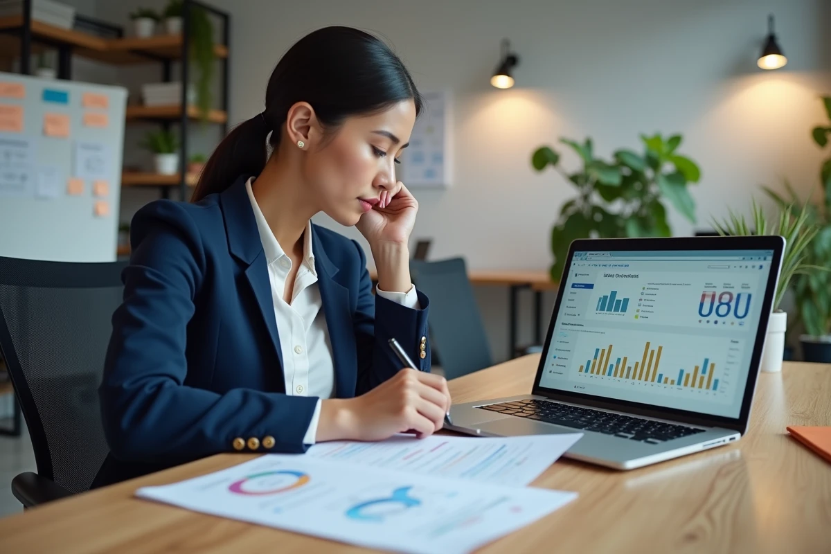 Professionnelle en blazer marine analysant un rapport d'audit SEO WordPress sur un bureau moderne avec laptop ouvert
