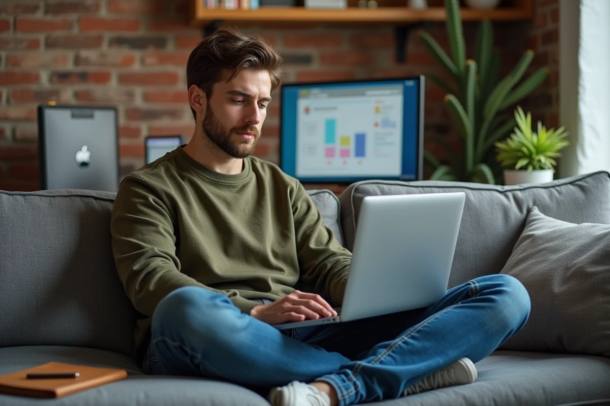 Développeur freelance réalisant lui-même un audit SEO WordPress depuis son home office avec deux écrans