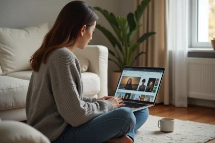 Jeune femme utilisant une bibliothèque vidéo hors connexion sur son ordinateur portable dans un salon minimaliste