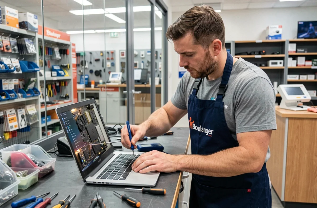 Technicien de l'atelier de réparation Boulanger Rennes diagnostiquant un ordinateur portable sur son établi professionnel