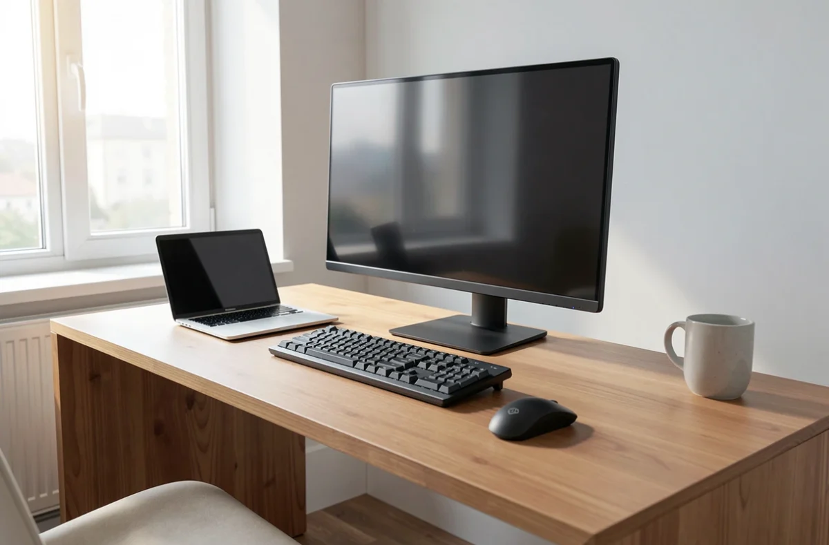 Bureau avec ordinateur portable, écran, clavier et souris