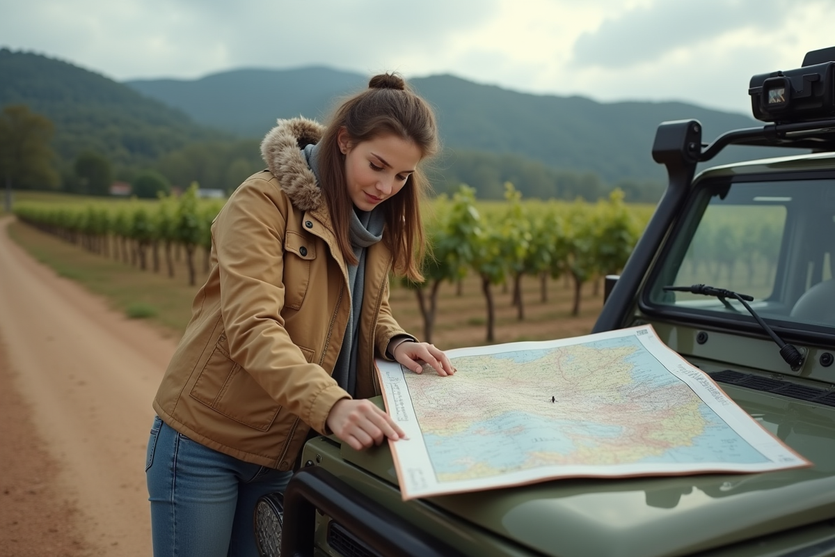 Jeune femme cartographe examinant une carte sur le capot d’un SUV