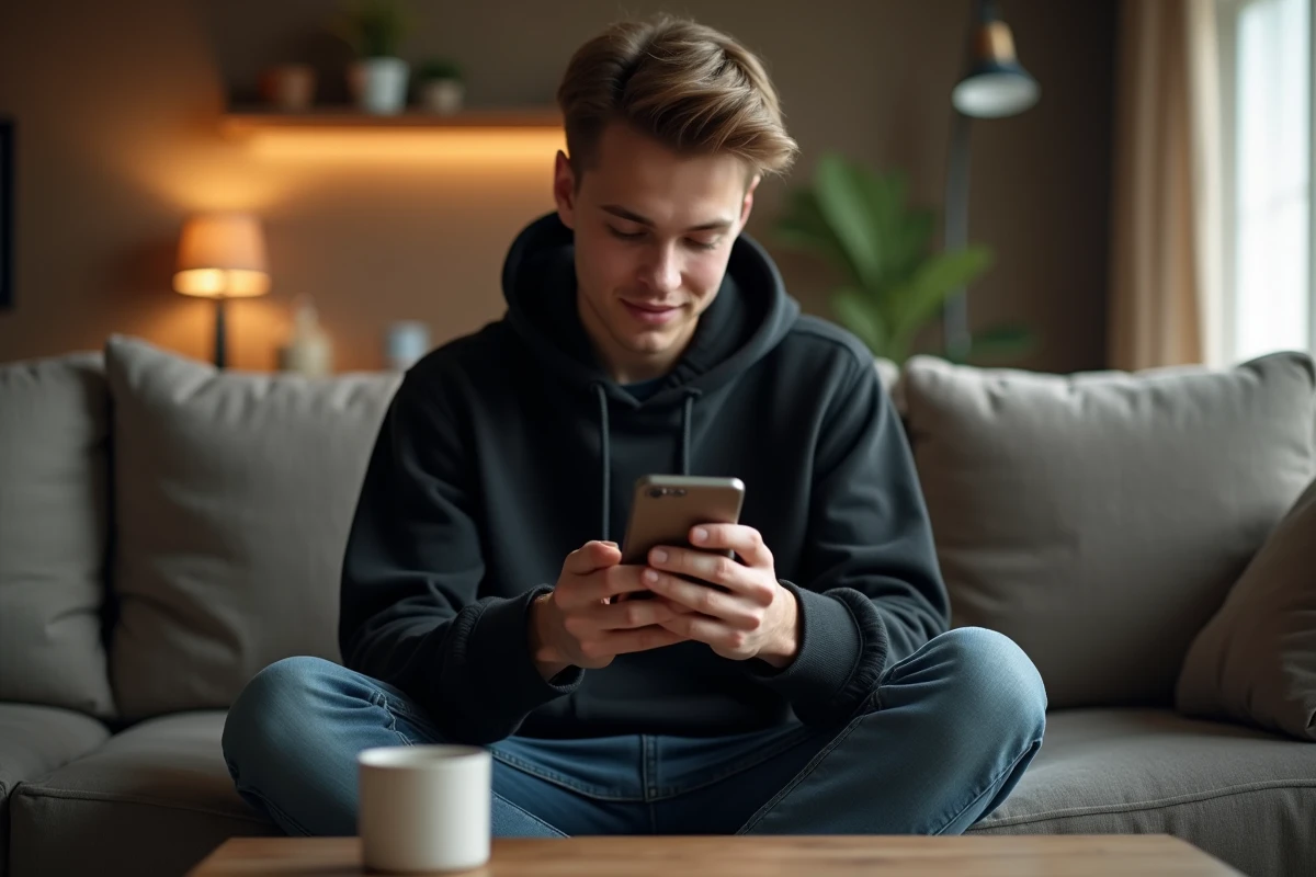 Jeune personne consultant les paramètres de chiffrement WhatsApp sur canapé à domicile
