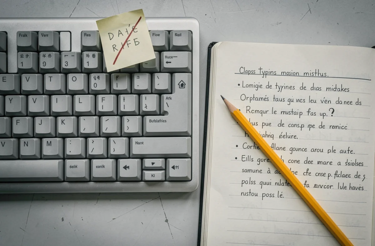 Vue du dessus d'un clavier QWERTY mécanique avec un carnet de notes listant les erreurs de frappe courantes et des autocollants de rappel sur les touches