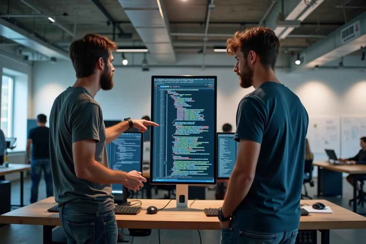 Deux développeurs collaborant pour déboguer un script bash contenant des erreurs liées aux commandes de gestion de pile de répertoires