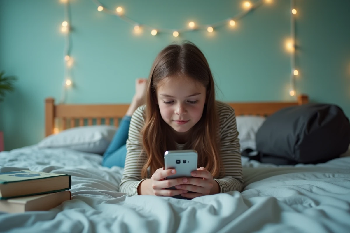 Adolescente parcourant sa collection de vidéos téléchargées sur smartphone dans sa chambre