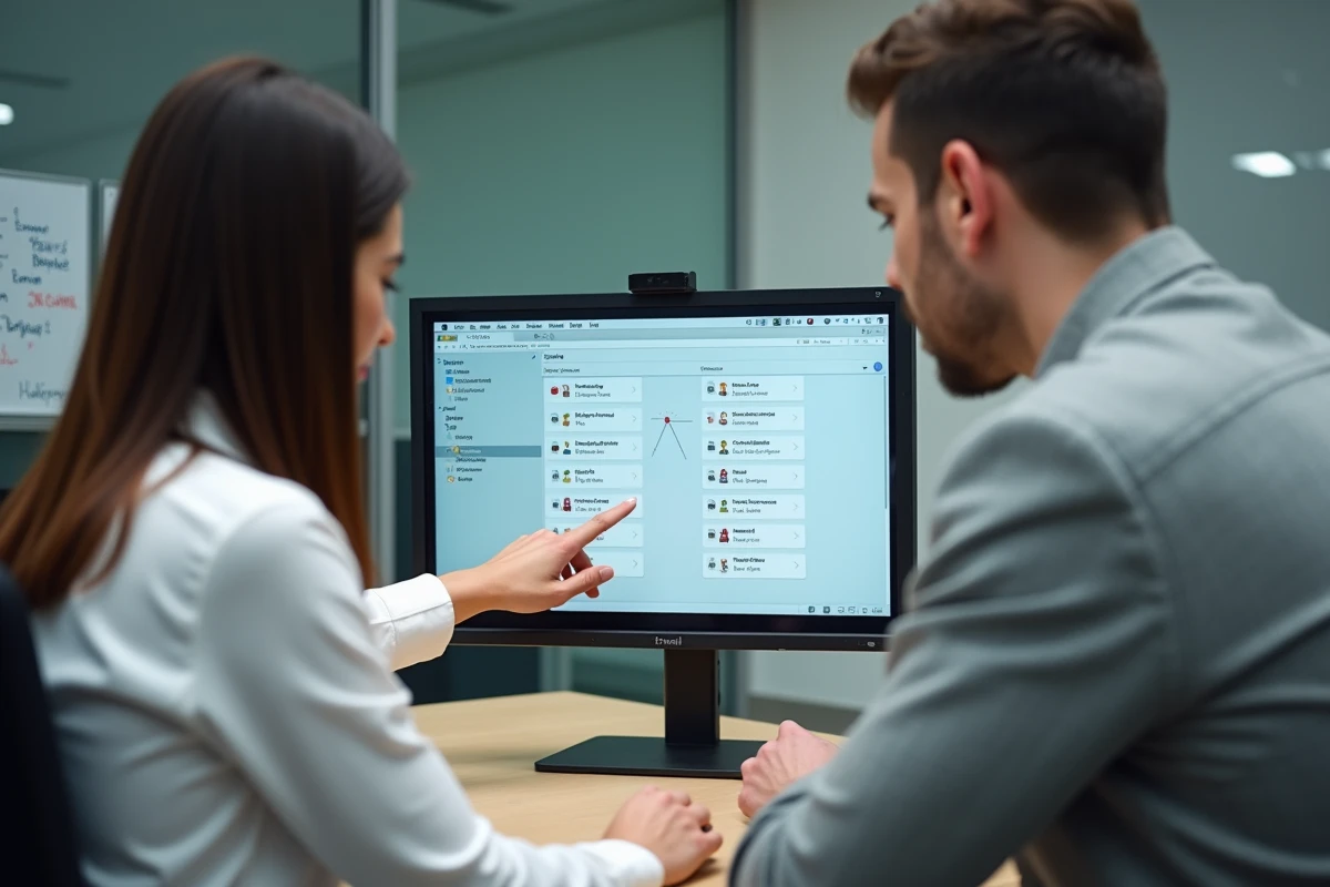 Deux collègues analysant l'interface de convergence webmail ensemble dans une salle de réunion