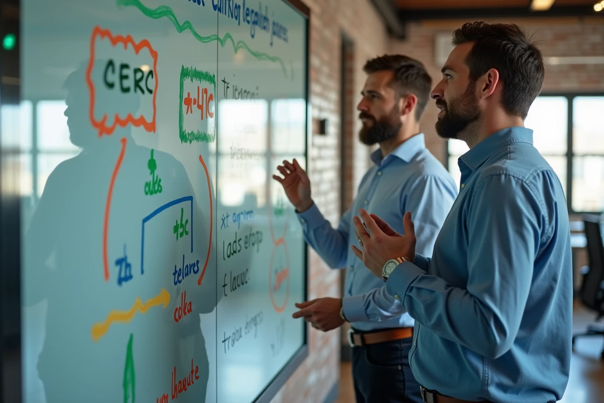 Deux collègues discutent devant un tableau blanc avec diagrammes CERC et 4C