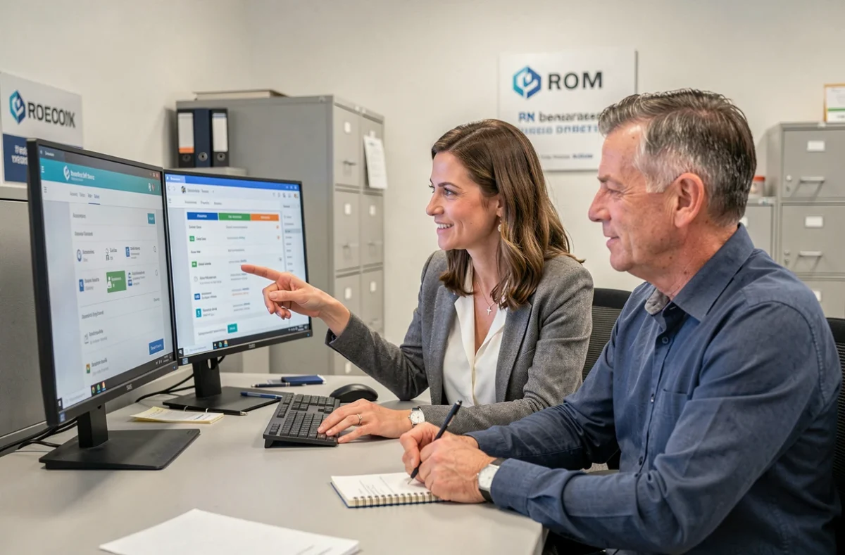 Deux collègues RH consultant ensemble les options de liaison de plusieurs employeurs sur un espace myPrimobox partagé