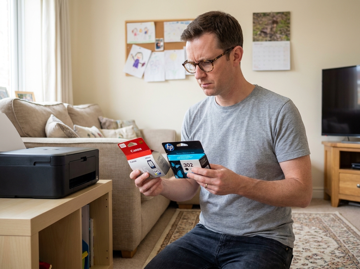 Homme comparant des boîtes de cartouches d'encre compatibles dans un salon familial