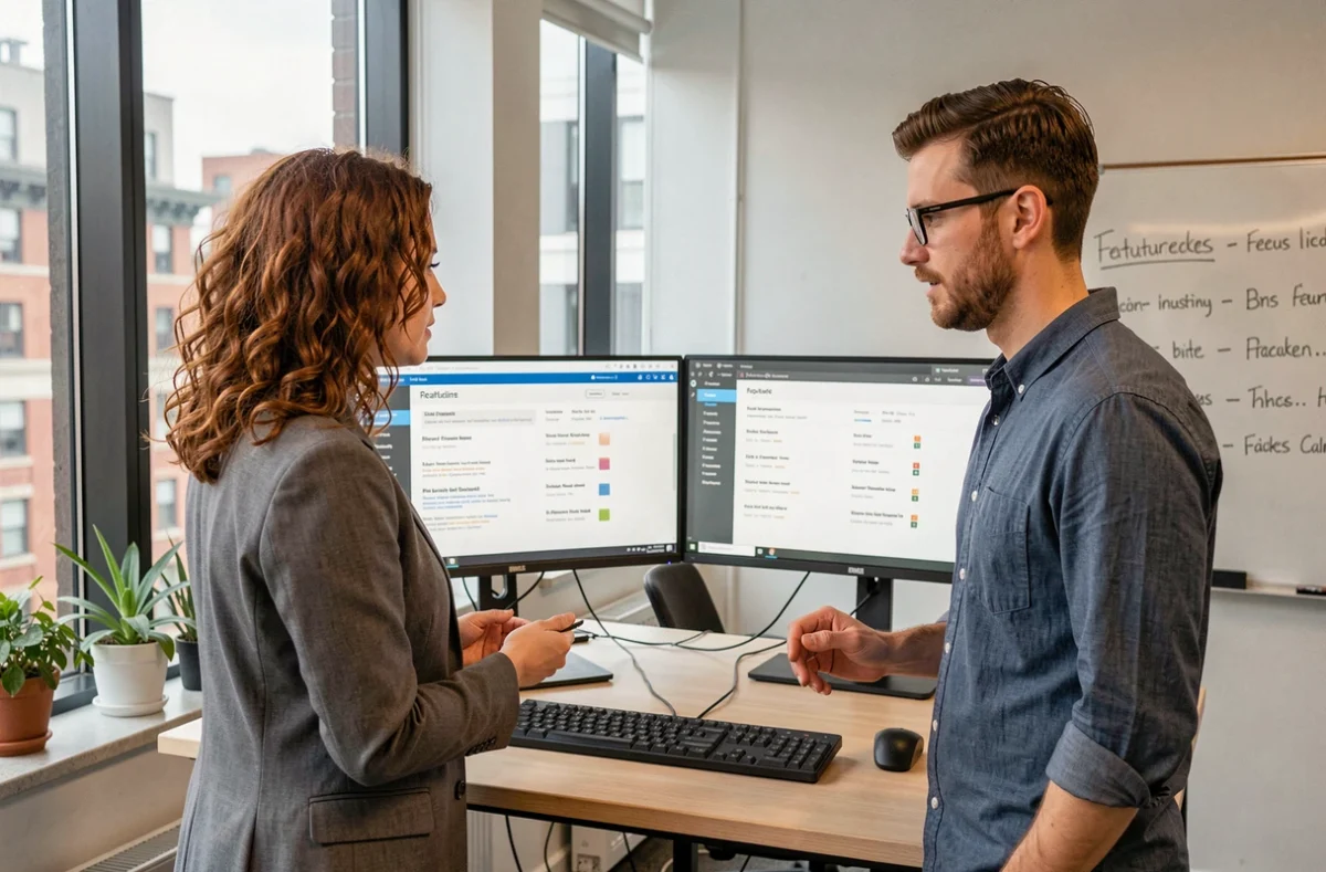 Deux collègues comparant des listes de fonctionnalités produits traduites sur deux écrans dans un bureau tech moderne