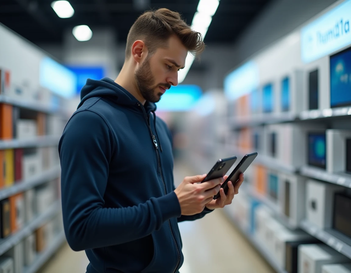 Homme comparant le Google Pixel 8a avec un autre smartphone dans un magasin d'électronique