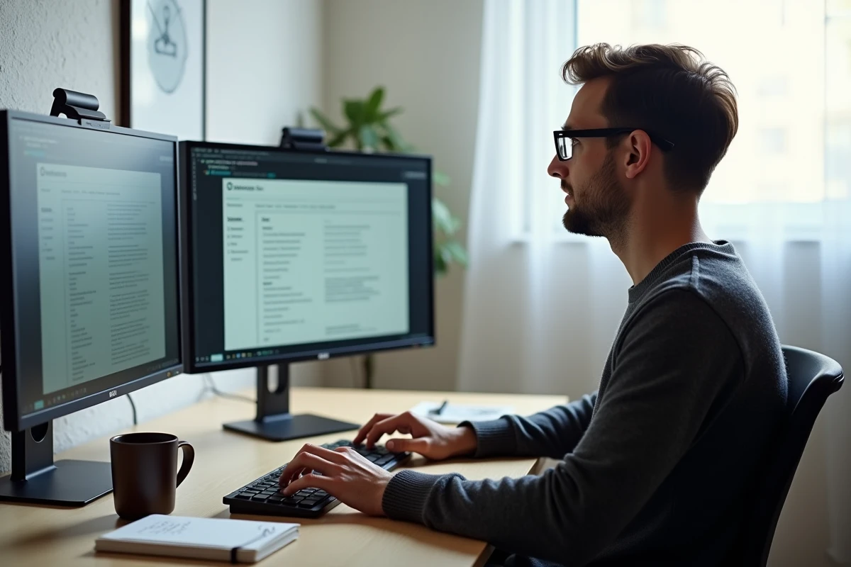 Homme travaillant seul sur une comparaison de logiciels SaaS sur deux écrans dans un bureau à domicile minimaliste