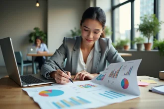 Femme professionnelle comparant des logiciels SaaS sur un tableau de comparaison imprimé dans un bureau moderne