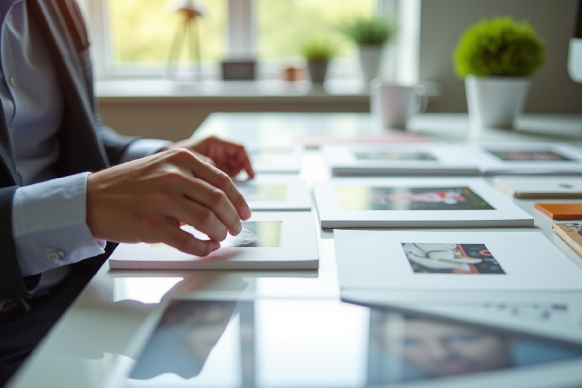 Personne compare des échantillons d'impression sur un bureau lumineux