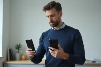Homme comparant trois smartphones Samsung Galaxy des gammes S, A et FE côte à côte dans un bureau moderne