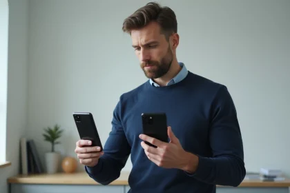 Homme comparant trois smartphones Samsung Galaxy des gammes S, A et FE côte à côte dans un bureau moderne