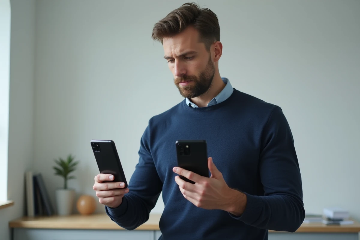 Homme comparant trois smartphones Samsung Galaxy des gammes S, A et FE côte à côte dans un bureau moderne