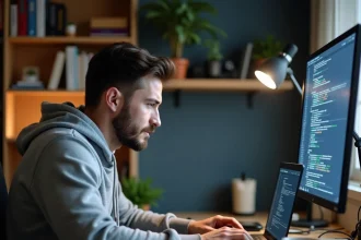 Jeune homme configurant un serveur FiveM sur son ordinateur portable dans un bureau à domicile