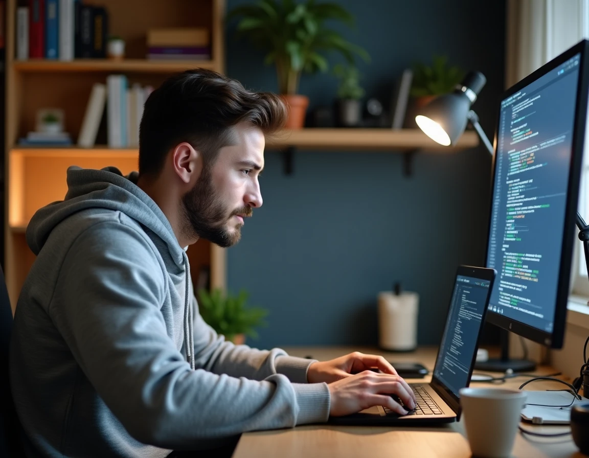 Jeune homme configurant un serveur FiveM sur son ordinateur portable dans un bureau à domicile