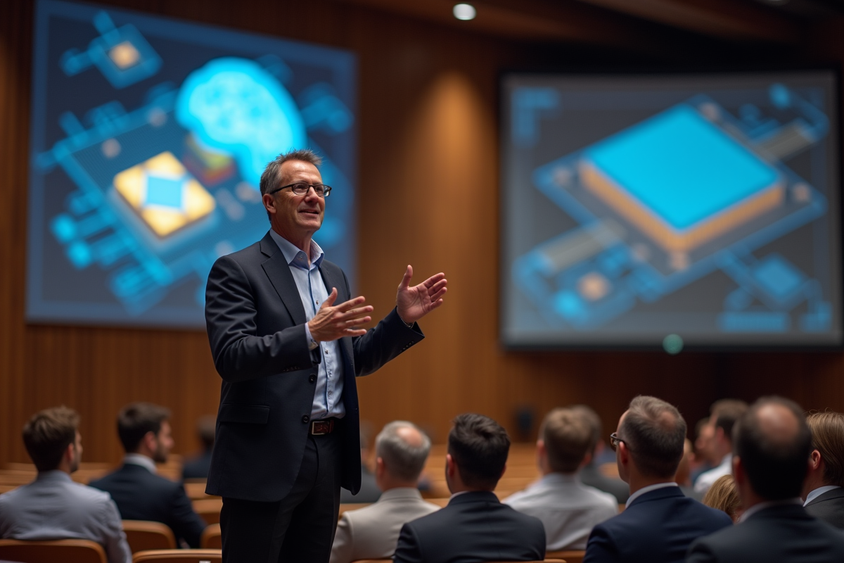 Homme en conférence présentant un circuit neuromorphe