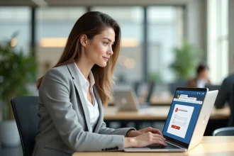 Femme connectée à sa boîte mail académique sur un ordinateur portable dans un bureau moderne