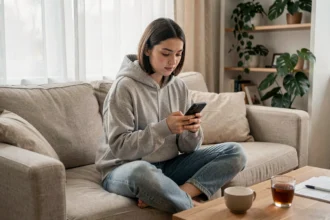 Jeune femme consultant discrètement les stories Instagram d'un ex ou d'un crush sur son smartphone dans un salon cosy