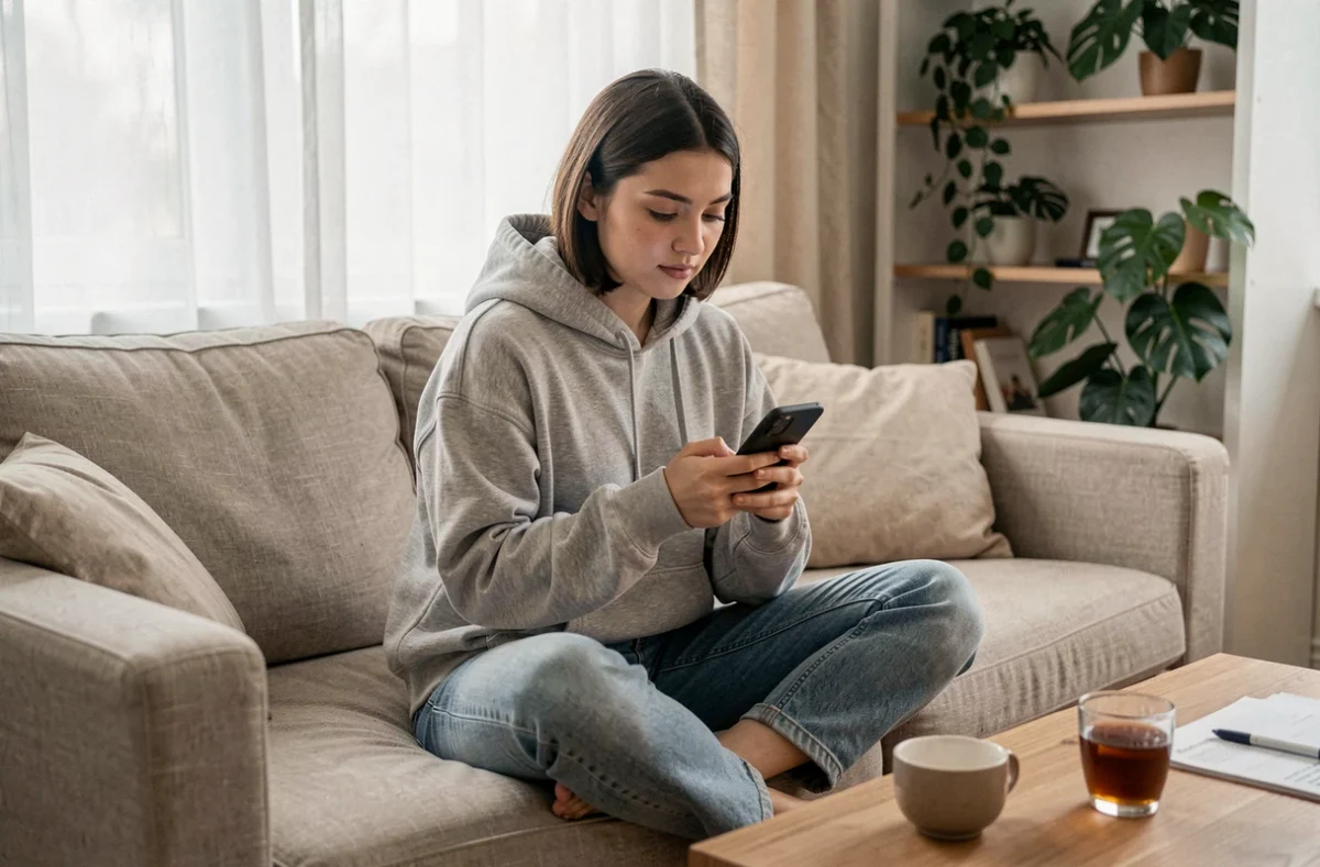 Jeune femme consultant discrètement les stories Instagram d'un ex ou d'un crush sur son smartphone dans un salon cosy