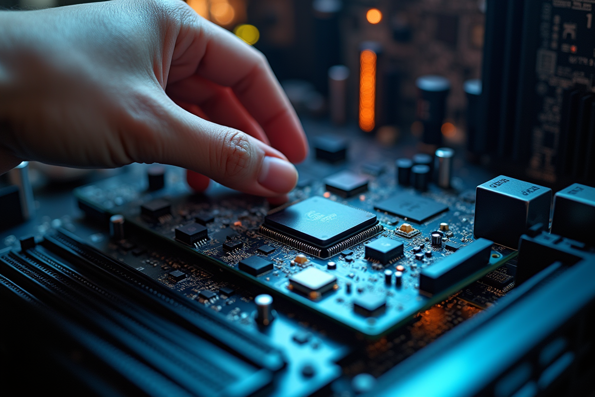 Main pointant un chipset sur la carte mère dans un intérieur d